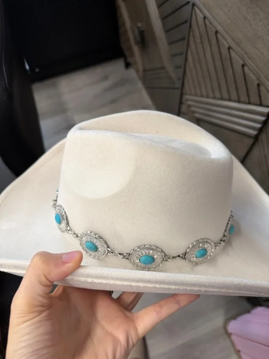 White Western Cowboy Hat with Turquoise Concho Band - Picture 2 of 4